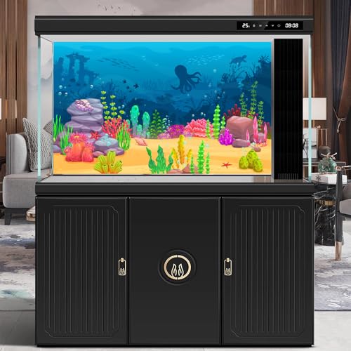 Image of Cartoon Underwater Landscape Aquarium Background Sea Water Animals Ocean Coral Reef Game Level Terrarium Background Blue Waves with Fish Octopus Sea Turtle Ocean Theme Fish Tank Backdrop 36x24in