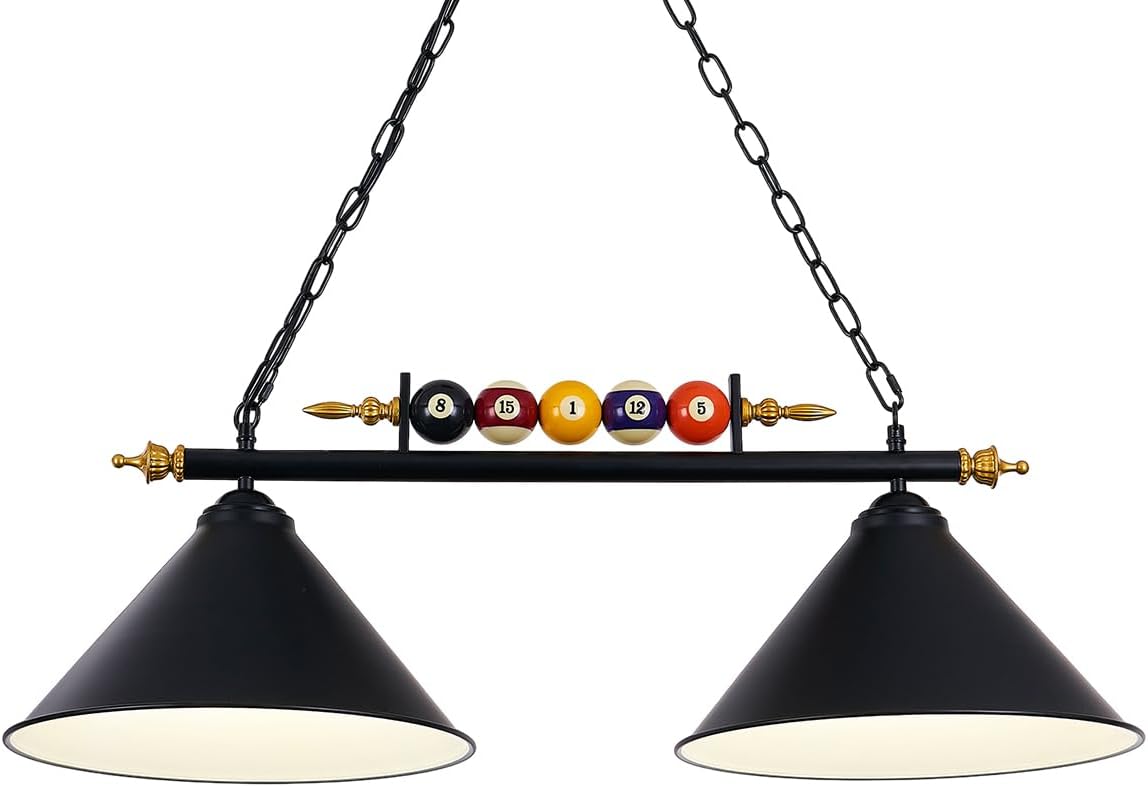 iMeshbean 43" Hanging Pool Table Lights - Billiard Pool Table Lighting Fixtures for 7' 8' Table - Real Billiard Ball Design - Ceiling Lamp with 2 Metal Lamp Shades for Game Room