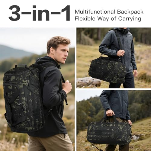 3-in-1 Tactical Gym & Travel Duffle Bag Backpack Men Multi-Functional 45L Military Sports Duffle Bag with Shoe Compartment & Wet Pocket for Workout Weekender Overnight Bag with Molle Webbing, Camo2