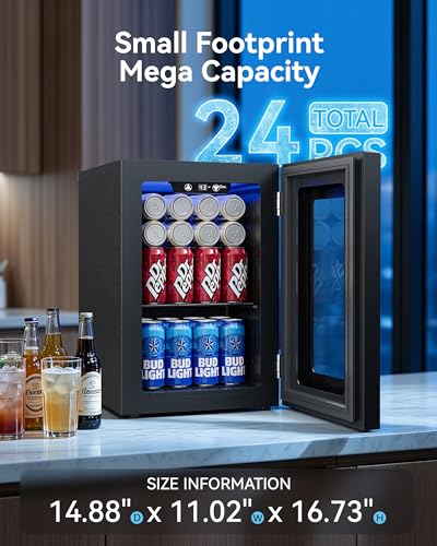 Image of Tehanld 0.6 Cu.ft Beverage Cooler, Compressor Mini Fridge with Glass Door, Small Beverage Refrigerator 40-61F Adjustable Temperature, Freestanding Soda Beer Fridge for Office, Bedroom, Black