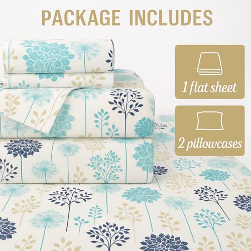 Image of King Size Bedsheet - Coverlet Blue Floral Design - 108 x 108 Inches - Brushed Microfiber Flat Sheet with Pillow Covers - Soft, Cooling & Wrinkle-Free Bedding