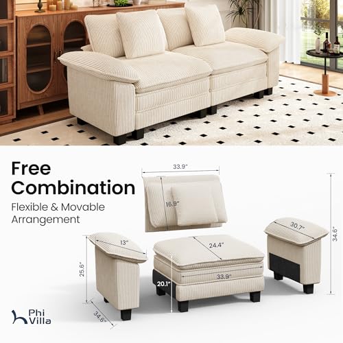 Image of PHI VILLA Cloud Modular Couches Sets, 87.5 inch Sectional Loveseat Sofa with Upholstered Deep Seat, 2-Seater Comfy Couches for Living Room Bedroom, Corduroy Fabric, Beige