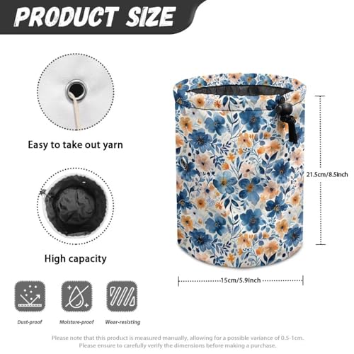 Image of Sellikakes Yarn Bag, Blue Floral Knitting Storage Bag Portable Yarn Holder Crocheting Organizer Store Skein Ball Needles,Sewing Accessories Supplies