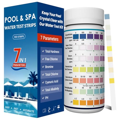 7IN1 Teststreifen Pool 100 Stück, Genauer Teststreifen für Pool,Spa,Ausreichend Pool Tester für pH,Härte,Gesamtalkalität,Cyanursäure,Gesamtchlor,freies Chlor Brom