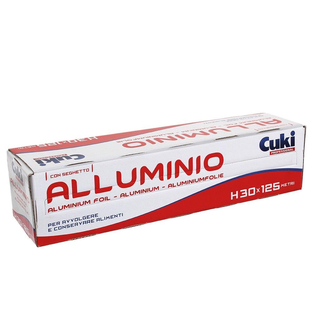 Rotolo Alluminio Alimentare 30 cm x 125 m, 11 Micron, con Seghetto e Dispenser, Carta Alluminio Professionale per Cottura Forno, Conservazione Frigo e Freezer
