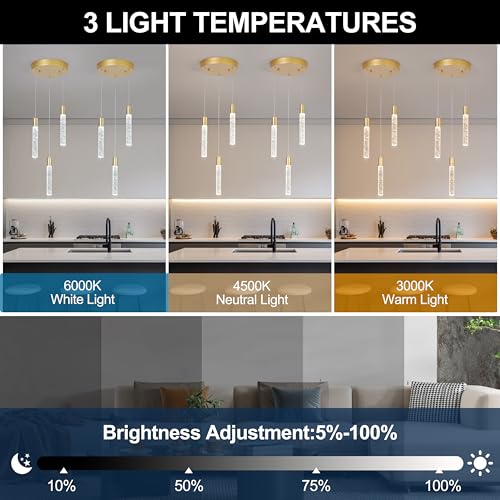 Image of 3 Light Pendant Lights,LED Bubble Crystal Pendants with Dimmable,Gold