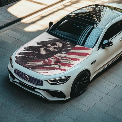 Image of American Flag Skull Design Car Hood Cover Stretchable Car Hood Wrap Blanket Waterproof Automotive Accessories for Compact Sedans SUV Trucks Minivan (59x39 Inch)