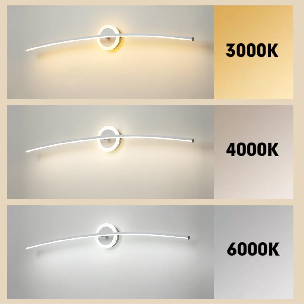 Lámpara de pared interior curvo, 25W lampara led espejo baño, led apliques de pared largo, 100cm aplique moderno dormitorio, sala de estar, pasillo (Blanco-100cm)