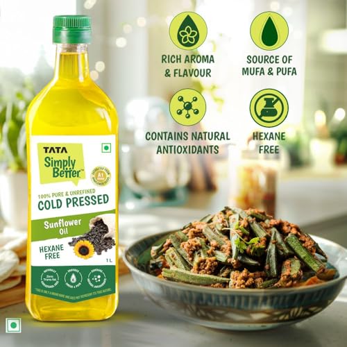 Image of Tata Simply Better Pure & Unrefined Cold Pressed Sunflower Oil, Hexane Free, Kolhu /Chekku, Cholesterol Free, Provides 6 Omega 6 PUFA, Contains Natural Antioxidants, For All types of Cuisines, 1L