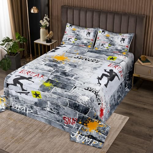 jejeloiu Kids Skateboard Coverlet Set Queen Size, Extreme Sports Theme Quilted Coverlet Boys Girls Hippie Skate Board Bedspread Teens Bedroom Decor 3Pcs