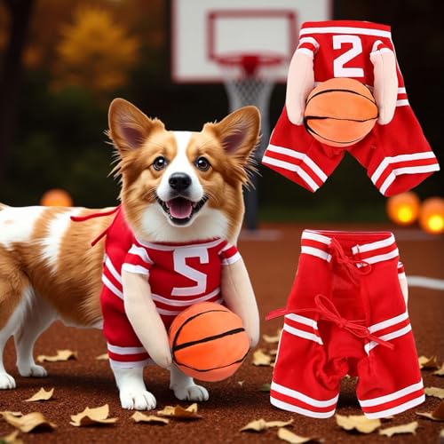 TMLDOT Dog Basketball Costume with Ball Funny Halloween Costume for Pet Adjustable Funny Dress Up Sports Outfit Cosplay Clothes for Small Medium Large Dogs (Red-Medium)