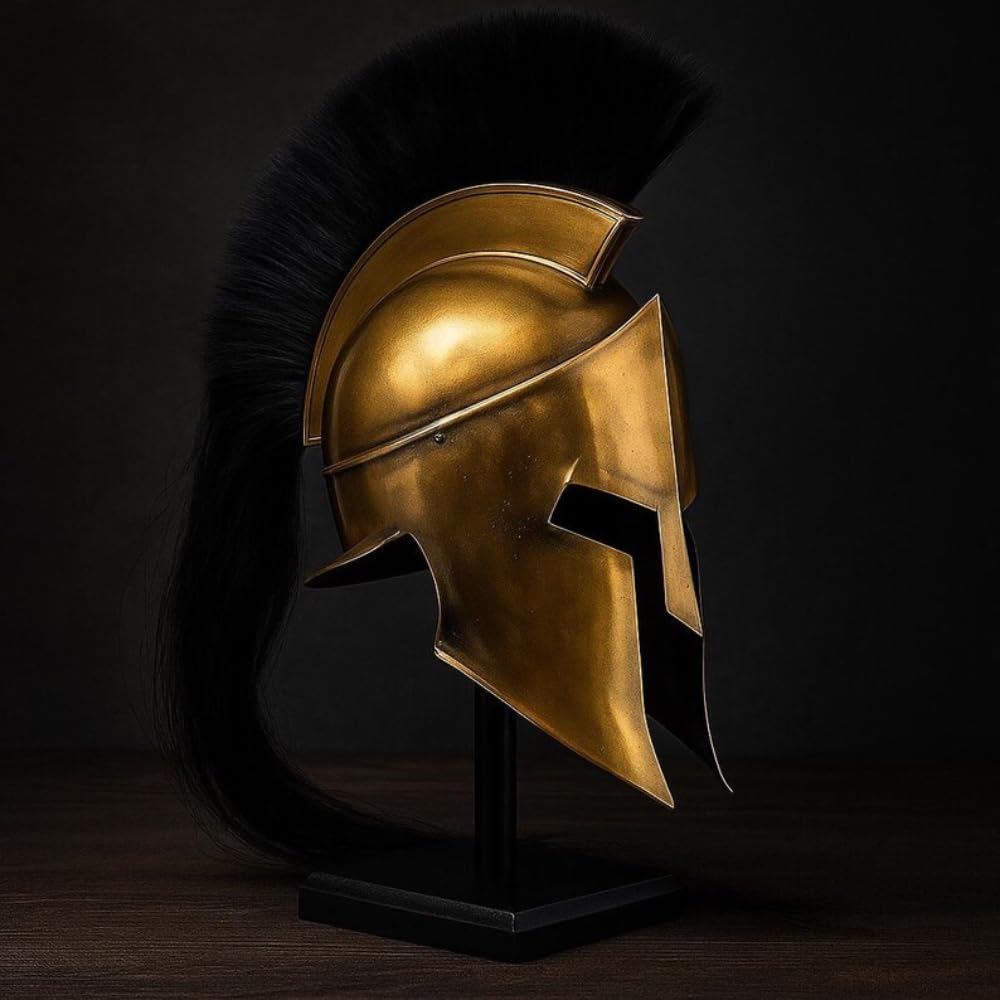 Handmade Bronze Spartan Helmet Replica, Medieval Cosplay, Home Decor, with Black Plume on Display Stand