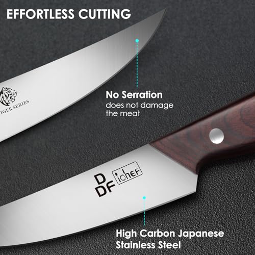 Image of DDF iohEF Steak Knives Set of 6, Non-serrated Steak Knife 4.5 Inch High Carbon Japanese Stainless Steel Kitchen Steak Knife 6 Pieces Dinner Knives Ultra Sharp with Ergonomic Handle and Gift Box
