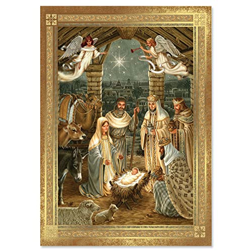 Golden Nativity Deluxe Foil Religious Christmas Cards - Holiday Greeting Cards, Set of 14, Large 5' x 7', Sentiments Inside, Envelopes Included