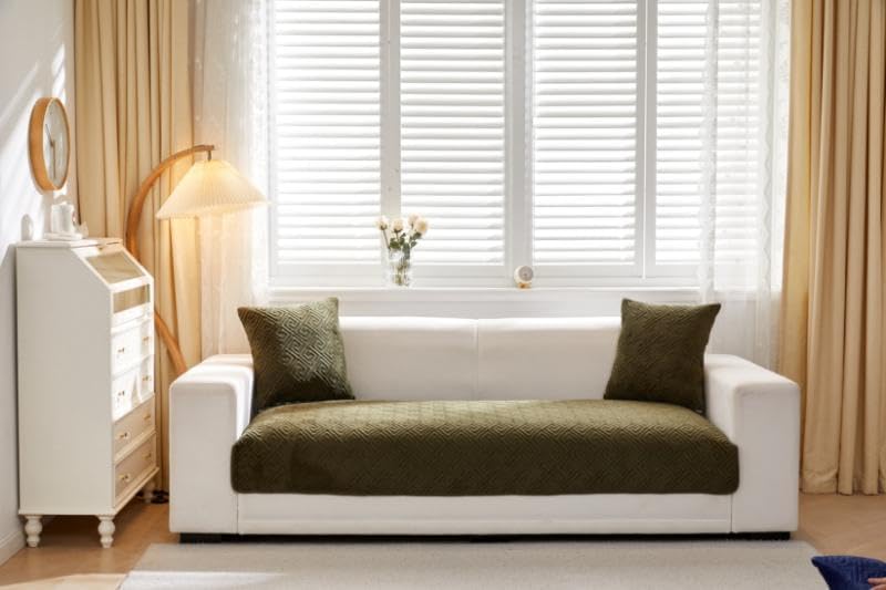 Image of HOMETHREADS Innovative Premium Velvet Sofa Cover Mat with PVC Backing for Non-Slip Comfort | (Olive Vrsh, 1 Seater Large| 70x90cm)