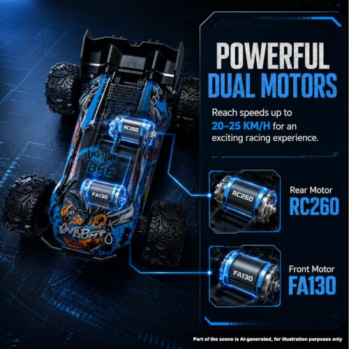 Image of RC Cars Monster Remote Control Car 2.4GHz 2WD Power Dragon RC Truck 20 KM /H All-Terrain RC Monster Truck, 2 Batteries for 40mins Car Toys Gift for Beginner(RTR /Blue