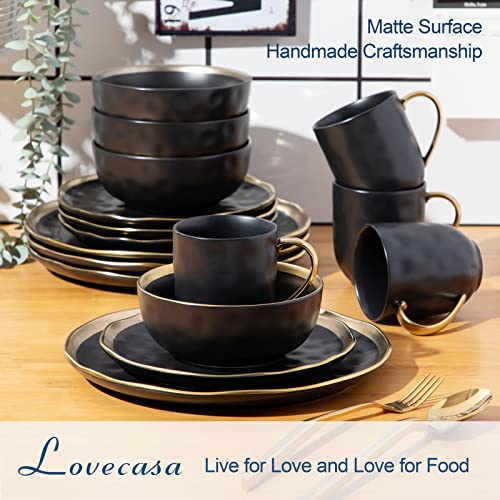 Plates And Bowls Sets For 4, Stoneware Dinnerware Set Matte Black, 16 Pcs Dishes Set With Golden Trim, Lovecasa Round Classic Crockery Set, Dishwasher Safe Plate Set #TOP1