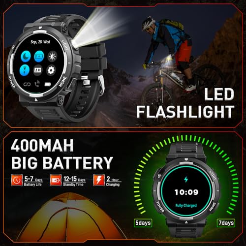 Foxhawk Military Smart Watch for Men with LED Flashlight, 1.53" HD Tactical Smartwatch with Bluetooth Call, 3ATM Waterproof Rugged Fitness Tracker, 100+ Sports Modes, Heart Rate Monitor, iOS/Android — view 6
