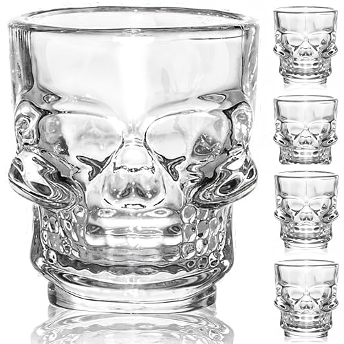FLOW Barware Ensemble de 4 verres à shot tête de mort | Verres à Shot 25ml / 50ml | Verres à liqueur d'Halloween pour les fêtes | Verre à shot crâne...