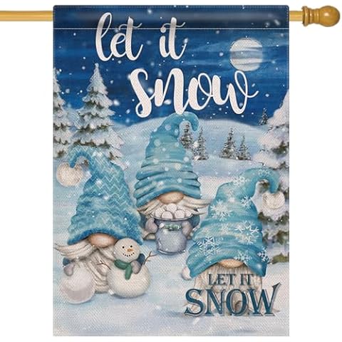 Furiaz Let it Snow Winter Blue Gnomes Snowman Large Decorative House Flag, Garden Yard Lawn Pine Trees Night Moon Home Outside Decoration, Christmas Snowflake Burlap Outdoor Decor Double Sided 28 x 40 Cover