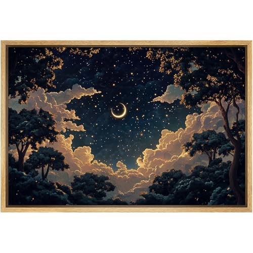SIGNFORD Framed Canvas Print Wall Art Dreamy Night Sky Crescent Moon and Stars Illustrations Modern Art Decorative Relax/Calm for Living Room, Bedroom, Office - 16"x24" Natural