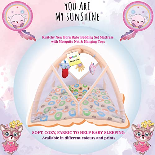 Image of Kwitchy Baby Bedding Set New Born Baby Bed | Mattress | Mosquito Net | Play Gym | Playmats | Floor Gym | Cotton | Infants | Gift Pack | Bed with Hanging Toys (0-6 Months, Orange)