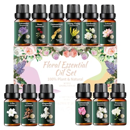 Floral Essential Oils Set 12x10ml Pure Rose Jasmine Lavender Ylang Ylang Gardenia Freesia Osmanthus Lily Lotus Magnolia Geranium Clove Aromatherapy for Diffuser Skin Hair Candle & Soap Making
