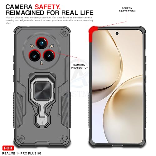 Image of AESTMO Armor Back Cover for Realme 14 Pro Plus 5G | Ring Holder & Kickstand & Camera Protection in-Built | 360 Degree Protection Back Case Cover (Black)
