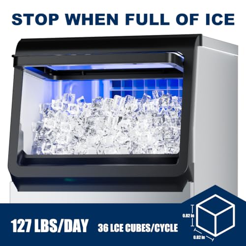 Image of Commercial Ice Maker, 129 Lbs /24H Countertop Ice Maker Machine Commercial Ice Machine Freestanding Stainless Steel Upon Counter Ice Maker(127Lbs /24H)
