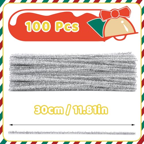 Image of Hssugi 100PCS Pipe Cleaners, Glitter Silver Chenille Stems Craft Supplies | Pipe Cleaners Craft Supplies, Glitter Pipe Cleaners Bulk Fuzzy Sticks for DIY Art and Craft Projects Home Decoration