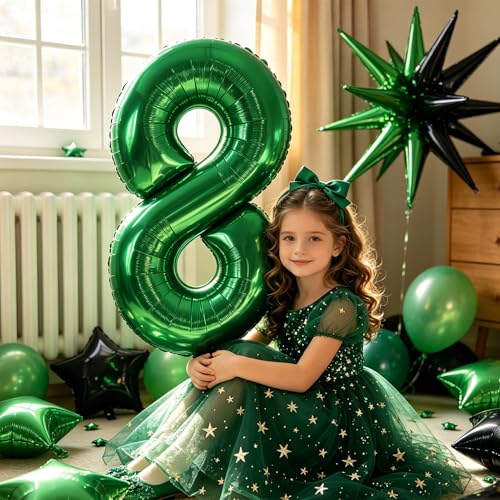 Image of TONIFUL 8th Birthday Balloons 40 Inch Green Large Number 8 Foil Balloon 18 Inch Helium Mylar Heart Star Shaped Ballons for Boys Men Birthday Anniversary Graduation New Year Eve Party Decoration