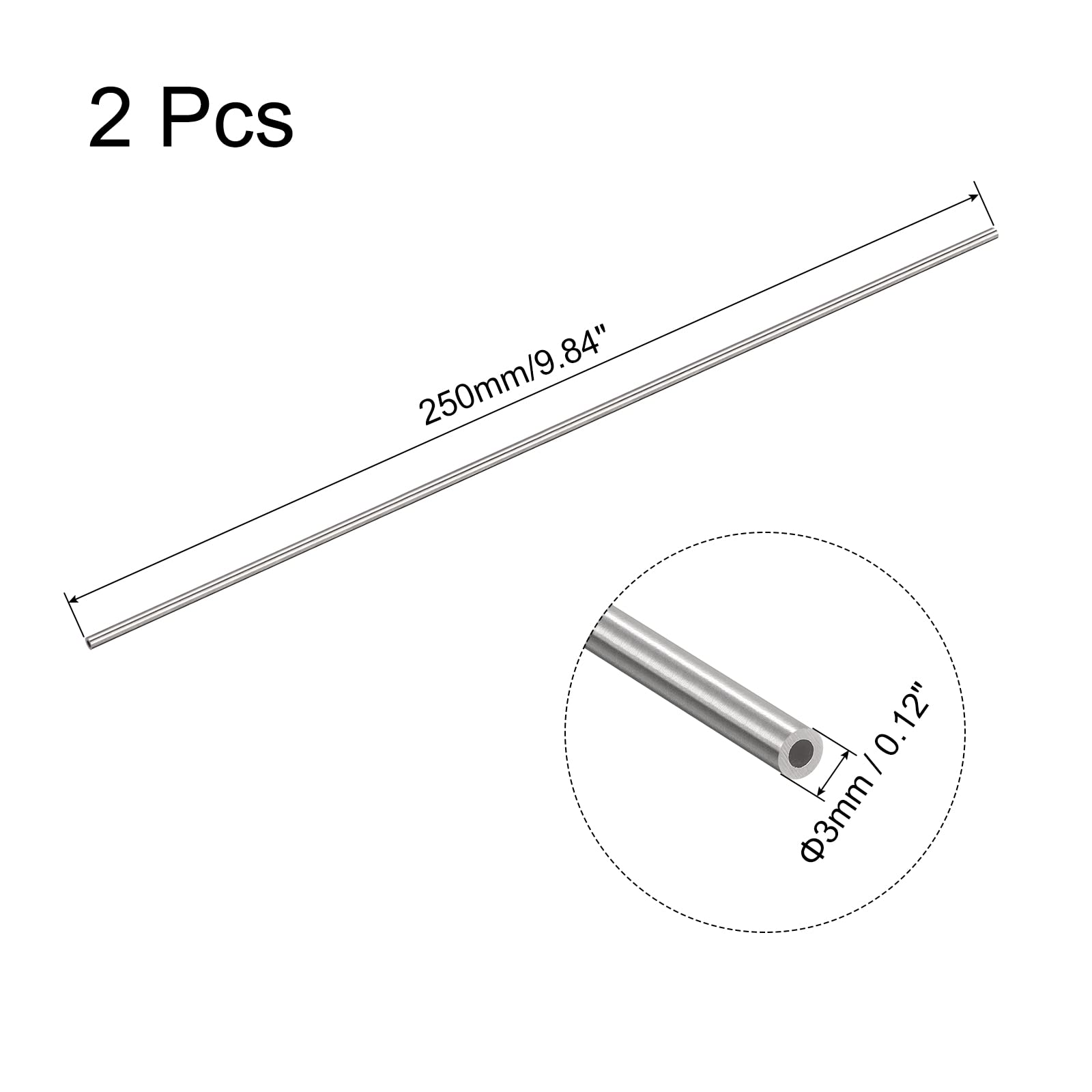 QUARKZMAN 304 Rura kapilarna ze stali nierdzewnej, OD 3mm x 0,7mm gruba ściana 250mm długość metalowa rurka do maszyn przemysłowych, 2 szt