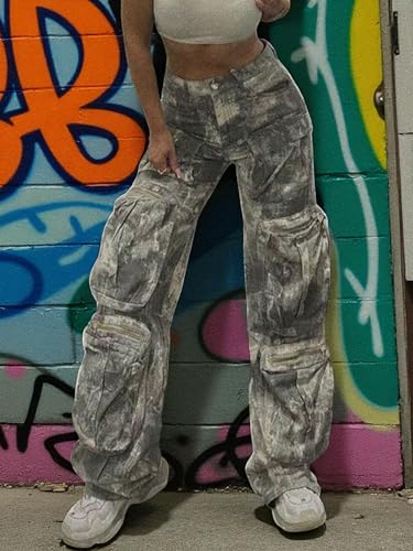 Women’s High Waisted Camo Cargo Pants, Baggy Wide Leg Y2K Thermal Pants with Pockets, Relaxed Fit Straight Leg Streetwear2
