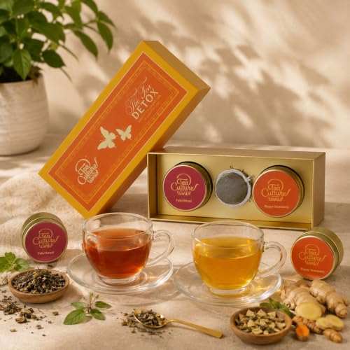 Image of Tea Culture of the World The Tea Detox Wellness Gift Set | Tulsi Ritual & Happy Immunity Whole Leaf Loose Teas | Tulsi, Turmeric & Ginger Blends | Mesh Infuser Included | 2 x 25 g