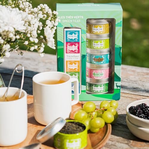Kusmi Tea - Geschenkset Grüner Tee Bio mit Teezange - Spearmint Tee, Jasmintee - Geschenkset Green Teas bio - 5 Dosen zu 25g - Idee Geburtstagsgeschenk für Frauen und Männer