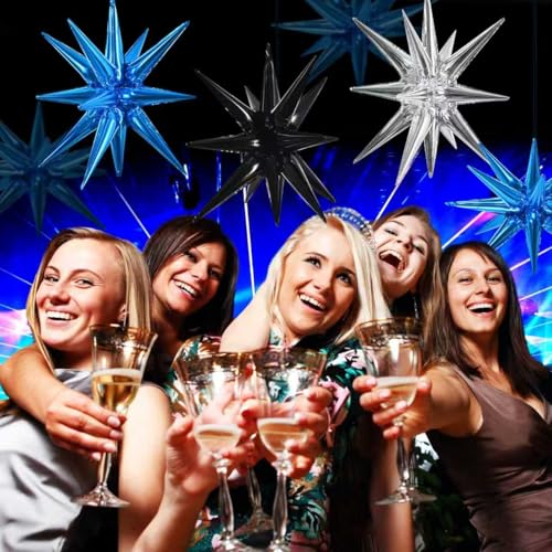 Image of TONIFUL 8Pcs Blue Black Silver Explosion Star Foil Balloon Party Decoration | 22 Inch Large Mylar Star Balloon for 30th 40th Men's Birthday Dark Space Themed Baby Shower Bachelorette New Year Party Decor
