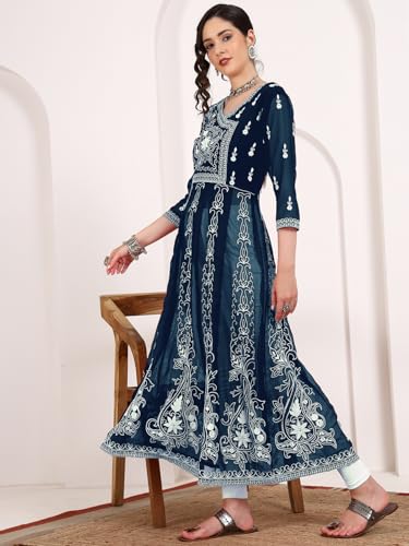 Image of EthnicJunction Women's Georgette Regular Fit Anarkali Embroidered Chikankari Work Angrakha Kurta