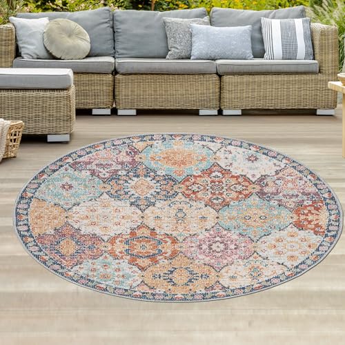 Teppich-Traum Alfombra oriental para interiores y exteriores para balcón | hermosos adornos | multicolor, 120 cm redonda