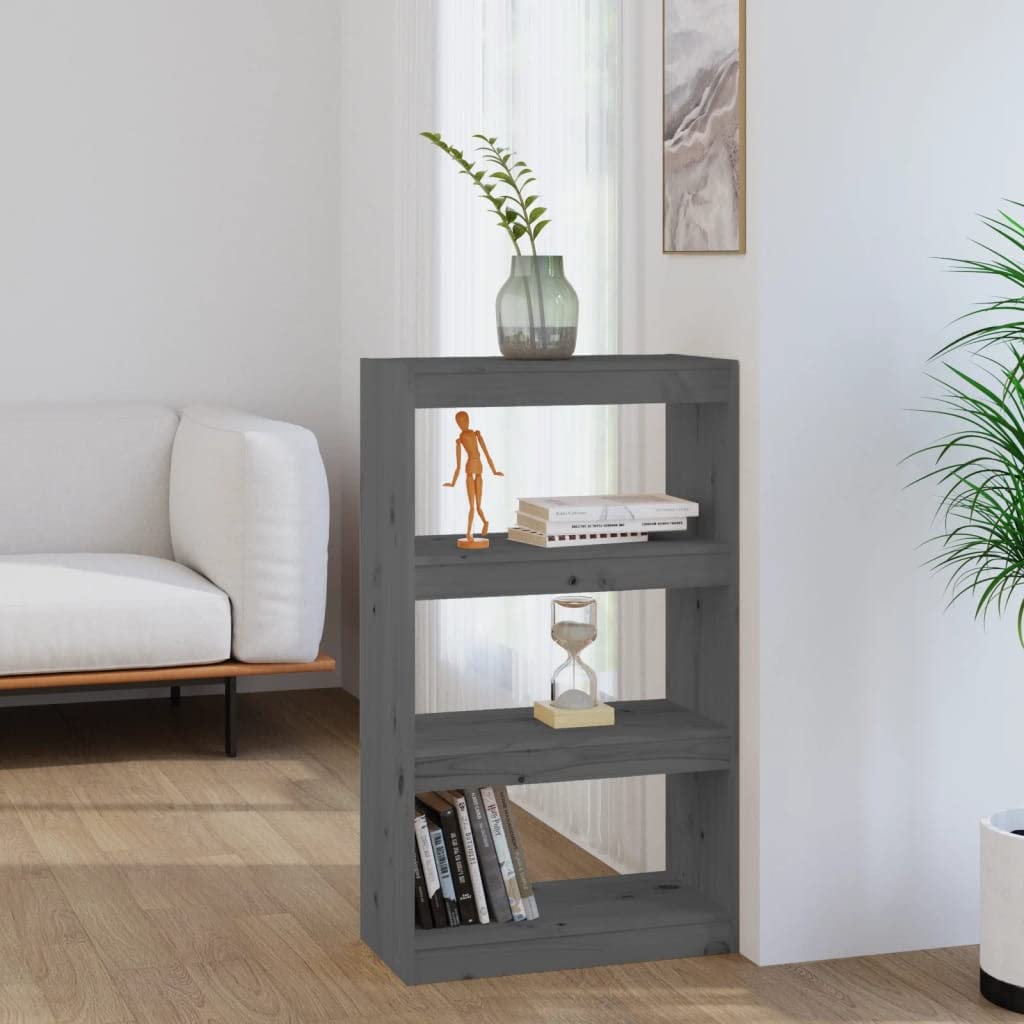 Bücherregal aus massivem Kiefernholz, Grau, 60x30x103,5 cm, 3 geräumige Fächer für Bücher und Dekoration, auch als Raumteiler nutzbar, pflegeleicht mit feuchtem Tuch