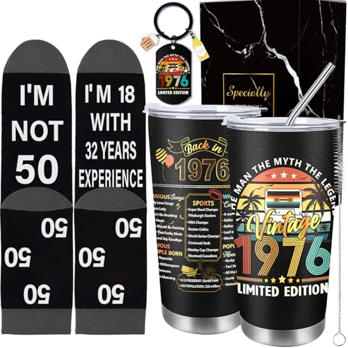 INCOK 50th Birthday Gifts for Men, 3 Pcs Vintage 1976 Gift Ideas Set with 20 Oz Tumbler Funny Socks...