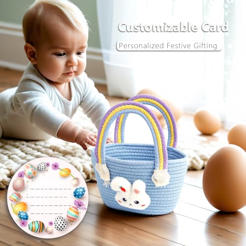 Image of Exun Bunny Basket for Kids, Cute Cotton Tote Bag Hand-Woven Handbag with Rainbow Handles, Easter Egg Hunt Basket Bags for Boys, Girls, Toddler, Babies, Easter gift basket Personalized (Blue)