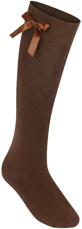 reshmena® 1 Girls Knee High School Socks Cotton Socks with Fluffy Ribbons Bow Back to School Socks Uniform Party Wear Socks Kids Long Socks 12-3 Brown KHB