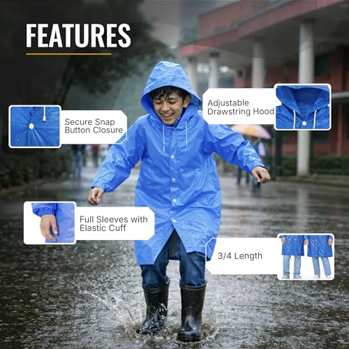 Image of Robustt Kids Eva Raincoat for Boys & Girls (8-16 Years) with Full Sleeves with Elastic Cuff | Unisex Hooded Kids Rain Coat with Drawstring | Reusable Raincoat with Snap Button Closure | Knee Length