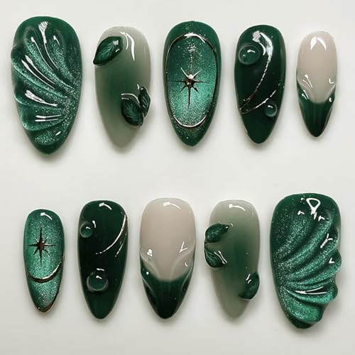 24Pcs Dark Green Press on Nails Medium Almond French Tip Fake Nai...
