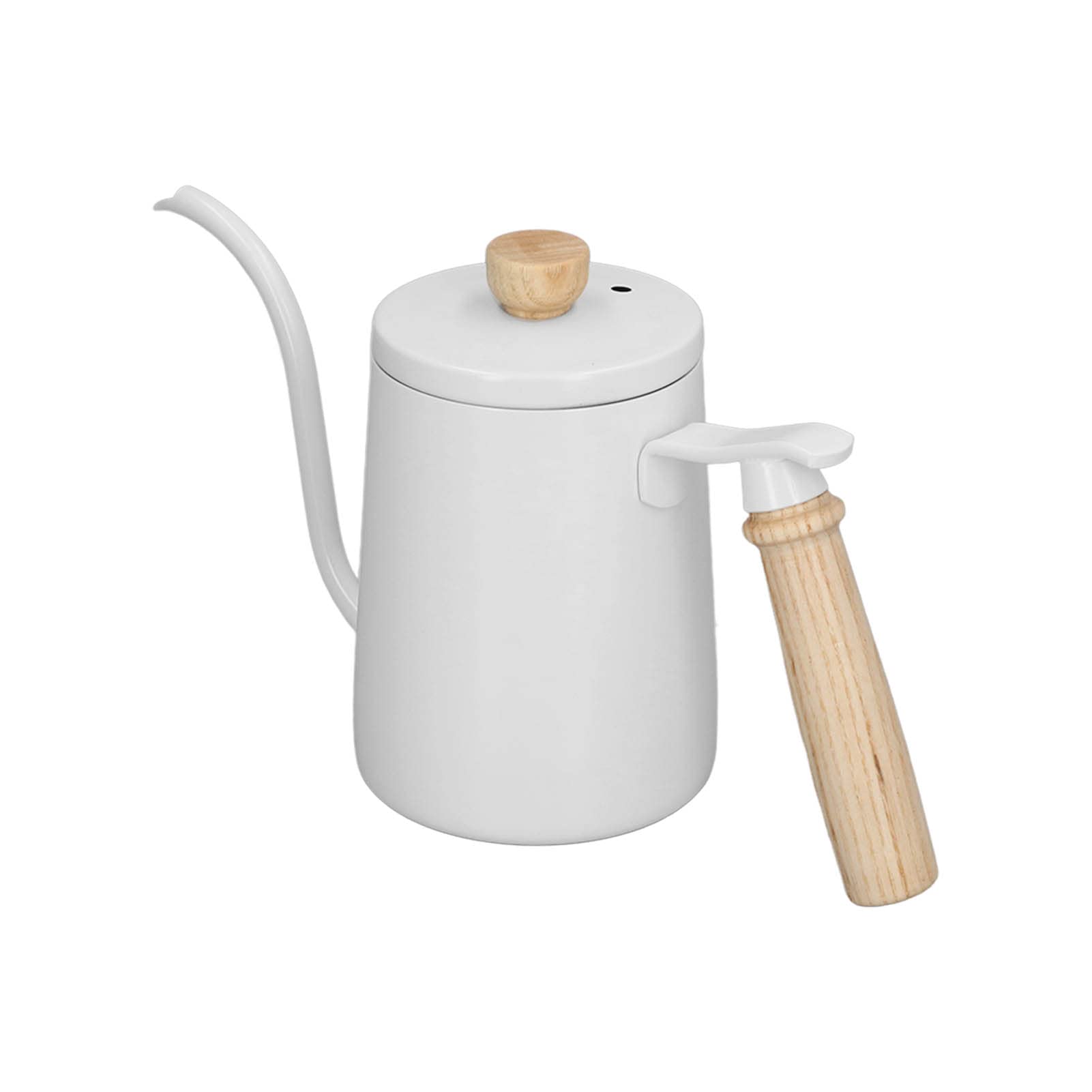 Hervidor de agua de 600 ml para café de filtro, de acero inoxidable 304, con boquilla de cuello de cisne y mango de madera. Hervidor de agua de cuello de cisne para café y otras (Blanca)