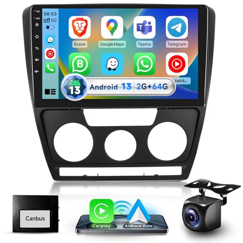Podofo 2G+64G autoradio pour Skoda Octavia 2004-2014, écran Tactile 10.1 Pouces Android 13.0 Radio avec Wireless Carplay Android Auto DSP BT GPS Mirror FM RDS USB...