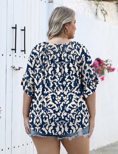 Image of Micoson Womens Plus Size Tops 3 /4 Ruffle Sleeve Crewneck Pleated Shirts