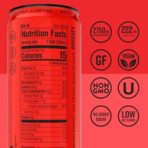 Image of Odyssey Functional Energy Drink, Strawberry Watermelon, 222mg Green Tea Caffeine, Clean Energy & Focus, Low Calorie, No Added Sugar, No Crash, Lion's Mane & Cordyceps, 12 Pack 12 Fl Oz