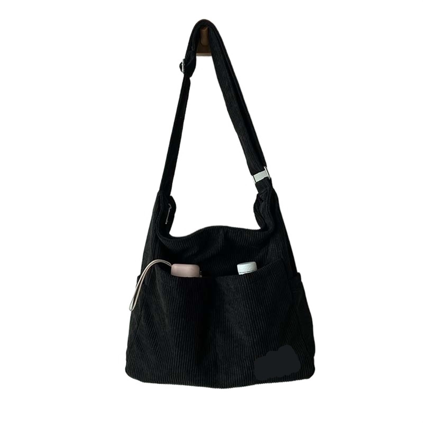 Xiusheua Women's Black Corduroy Shoulder Bags Leisure College Style Shopper Multi-Pocket Large Capacity Handbags Totes Bags For Work, Travelling(Black)