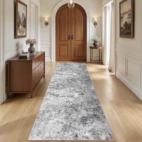 3X10 Washable Runner Rug for Hallway: Soft Neutral Modern Abstract Area Rug - Non-Slip Low Pile Long Throw Indoor Carpet for Kitchen Entryway Kitchen Bedroom Laundry - Grey